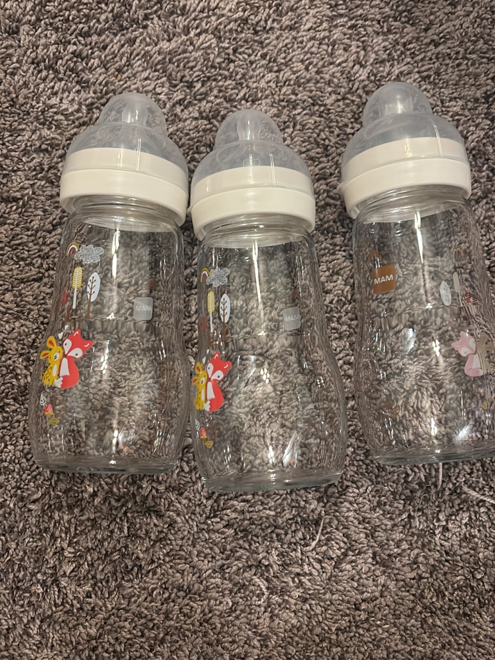 MAM Baby Glass Bottles with Forest Fox Print - Set of 3 - White Caps
